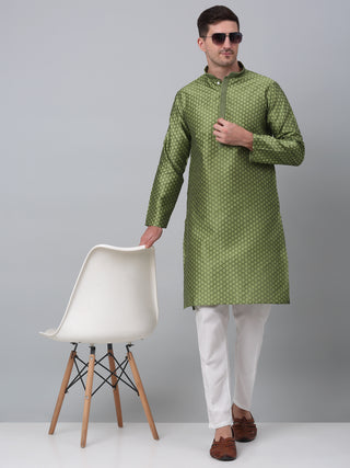 Men's Olive Green Collar Embroidered Kurta with Pyjama.