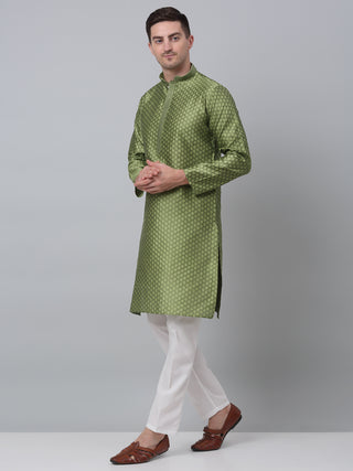 Men's Olive Green Collar Embroidered Kurta with Pyjama.