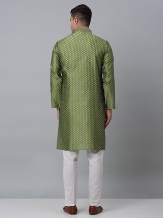 Men's Olive Green Collar Embroidered Kurta with Pyjama.