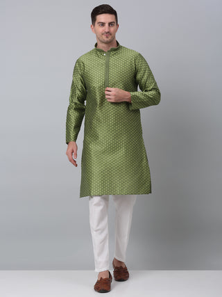 Men's Olive Green Collar Embroidered Kurta with Pyjama.