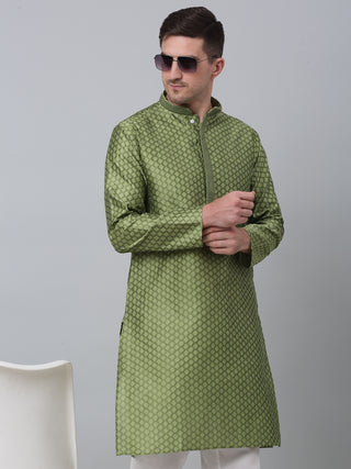 Men's Olive Green Collar Embroidered Kurta with Pyjama.