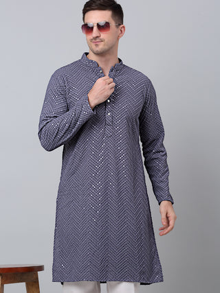 Men Grey Embroidered Sequinned Kurta with Pyjama