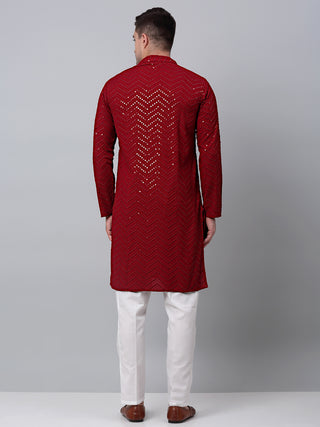 Men Maroon Embroidered Sequinned Kurta with Churidar