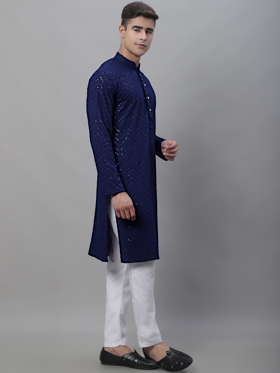 Men Navy Blue Embroidered Sequinned Kurta with Churidar