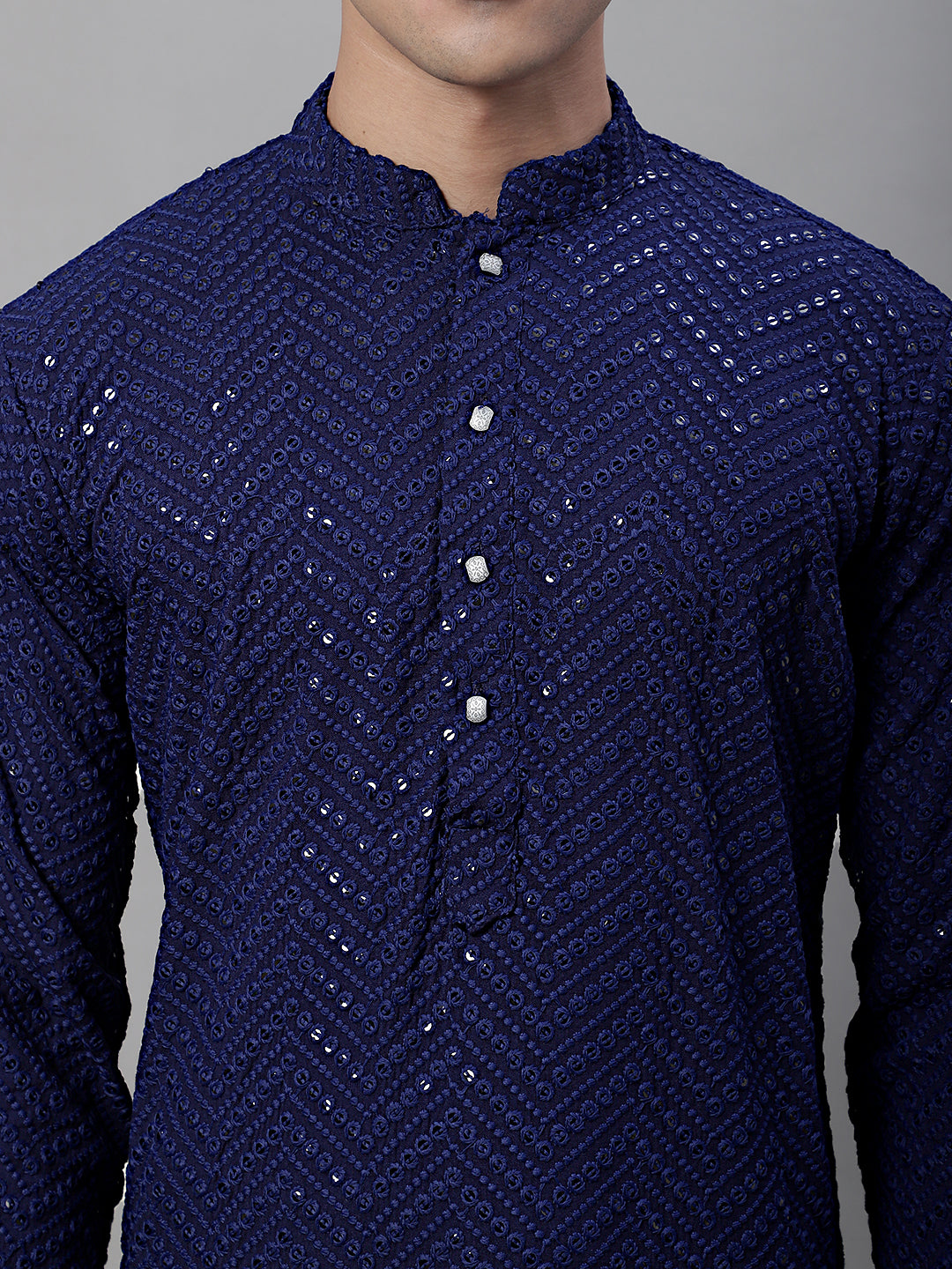 Men Navy Blue Embroidered Sequinned Kurta with Churidar