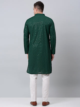 Men Olive Green Embroidered Sequinned Kurta with Churidar