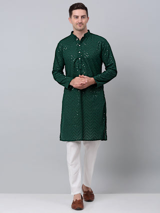 Men Olive Green Embroidered Sequinned Kurta with Churidar