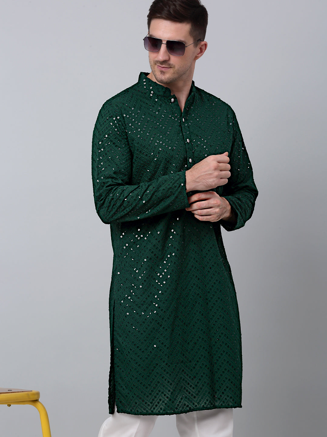 Men Olive Green Embroidered Sequinned Kurta with Churidar
