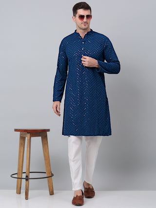 Men Peacock Blue Embroidered Sequinned Kurta with Churidar