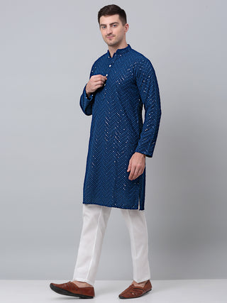 Men Peacock Blue Embroidered Sequinned Kurta with Churidar