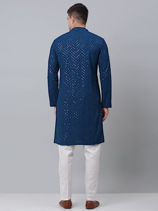 Men Peacock Blue Embroidered Sequinned Kurta with Churidar