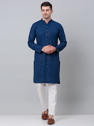 Men Peacock Blue Embroidered Sequinned Kurta with Churidar