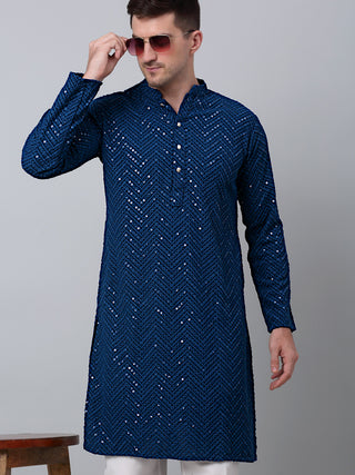 Men Peacock Blue Embroidered Sequinned Kurta with Churidar