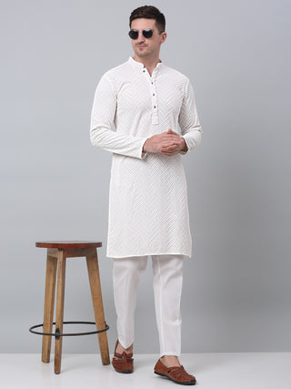 Men White Embroidered Sequinned Kurta with Churidar