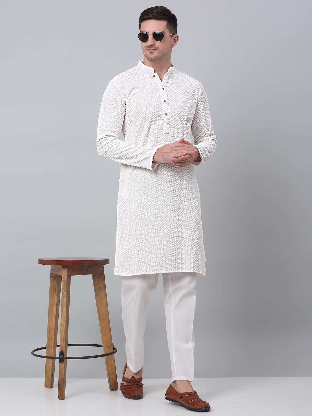 Men White Embroidered Sequinned Kurta with Churidar