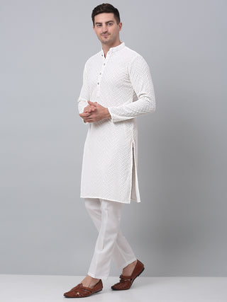 Men White Embroidered Sequinned Kurta with Churidar