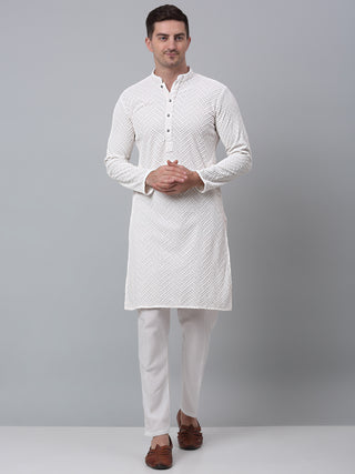 Men White Embroidered Sequinned Kurta with Churidar