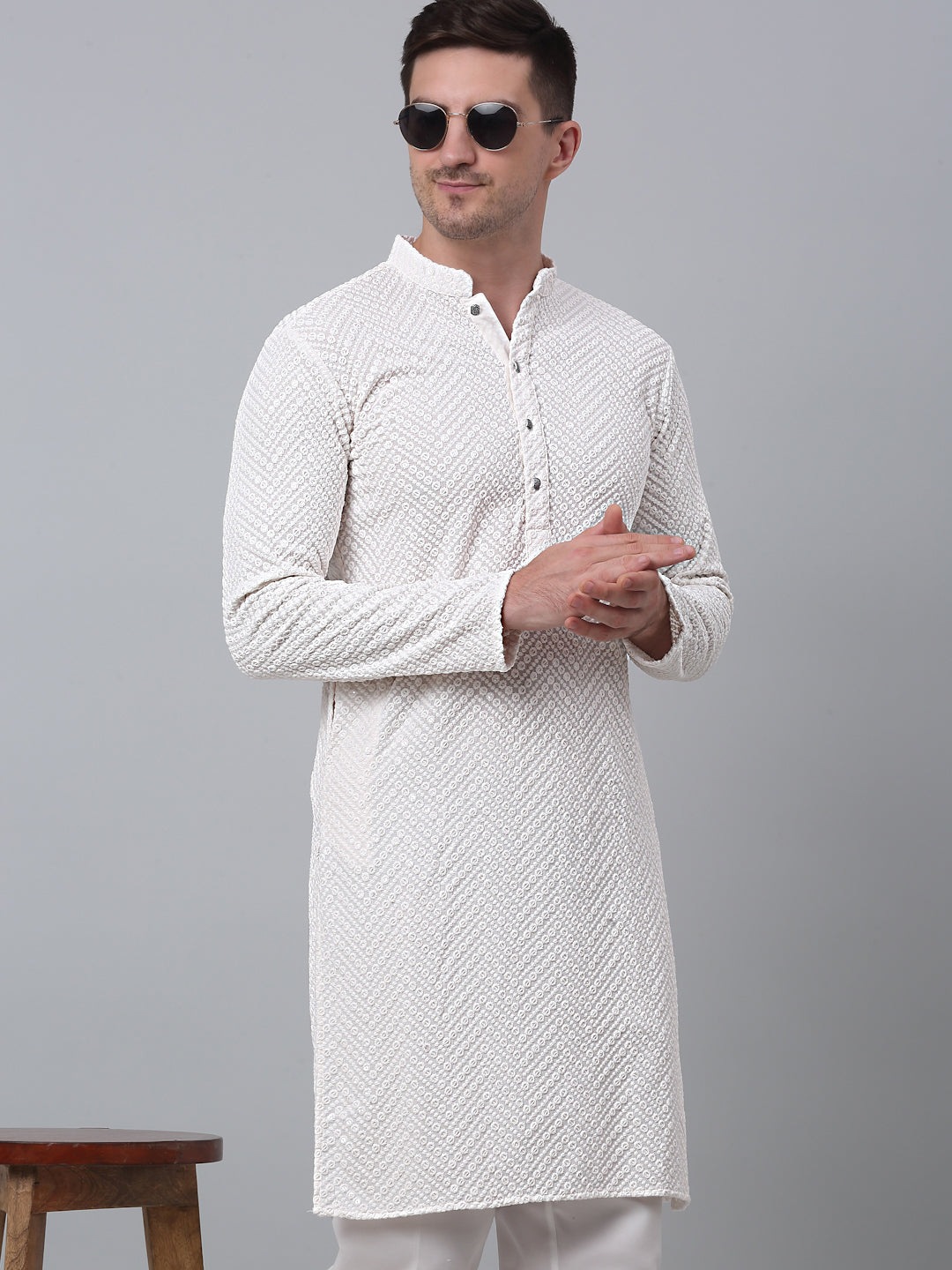Men White Embroidered Sequinned Kurta with Churidar