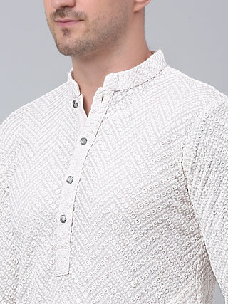 Men White Embroidered Sequinned Kurta with Churidar