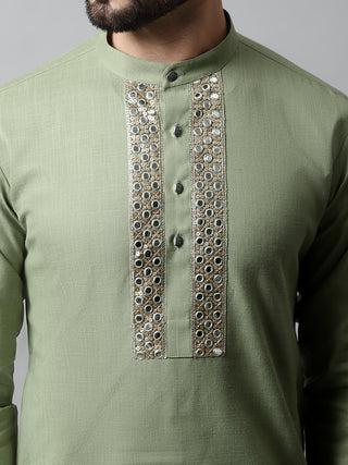 Men Pista Green Embroidered Mirror Work Kurta with Churidar