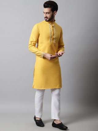 Men Yellow Embroidered Mirror Work Kurta with Churidar