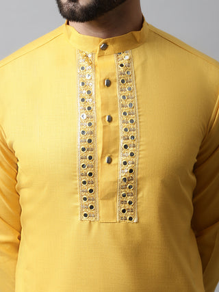 Men Yellow Embroidered Mirror Work Kurta with Churidar