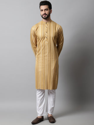 Men Beige Foil Printed Kurta with Churidar