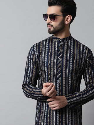 Men Navy Blue Foil Printed Kurta with Churidar