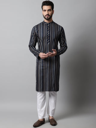 Men Navy Blue Foil Printed Kurta with Churidar