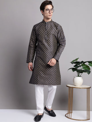 Men's Navy Blue Printed Silk Blend Kurta Payjama