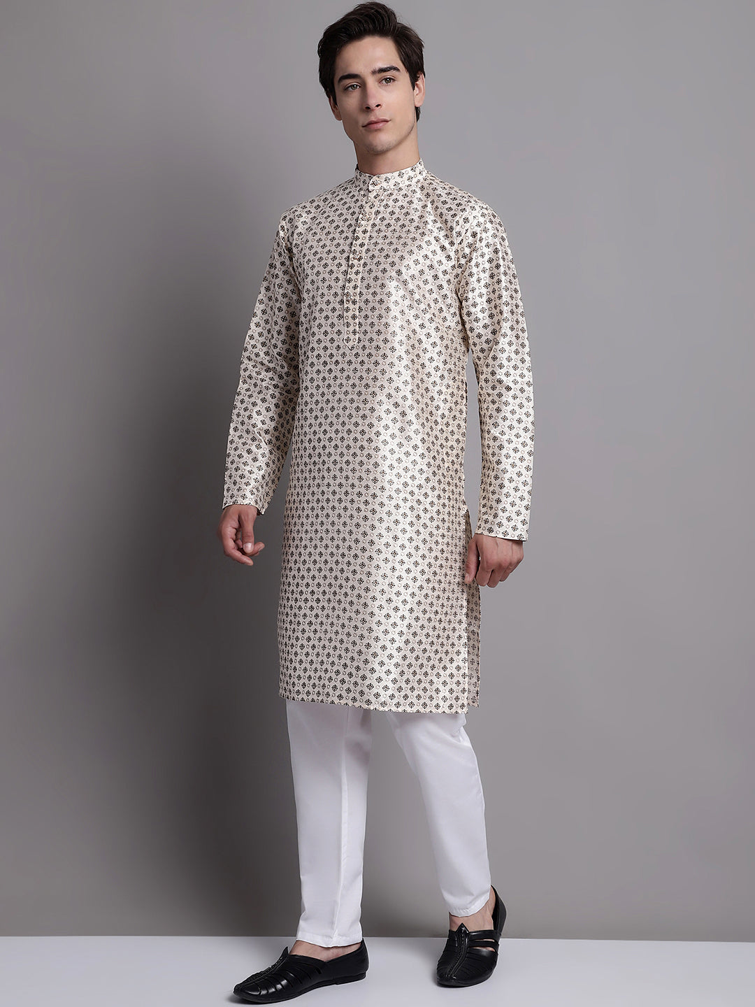 Men's Grey Printed Silk Blend Kurta Payjama