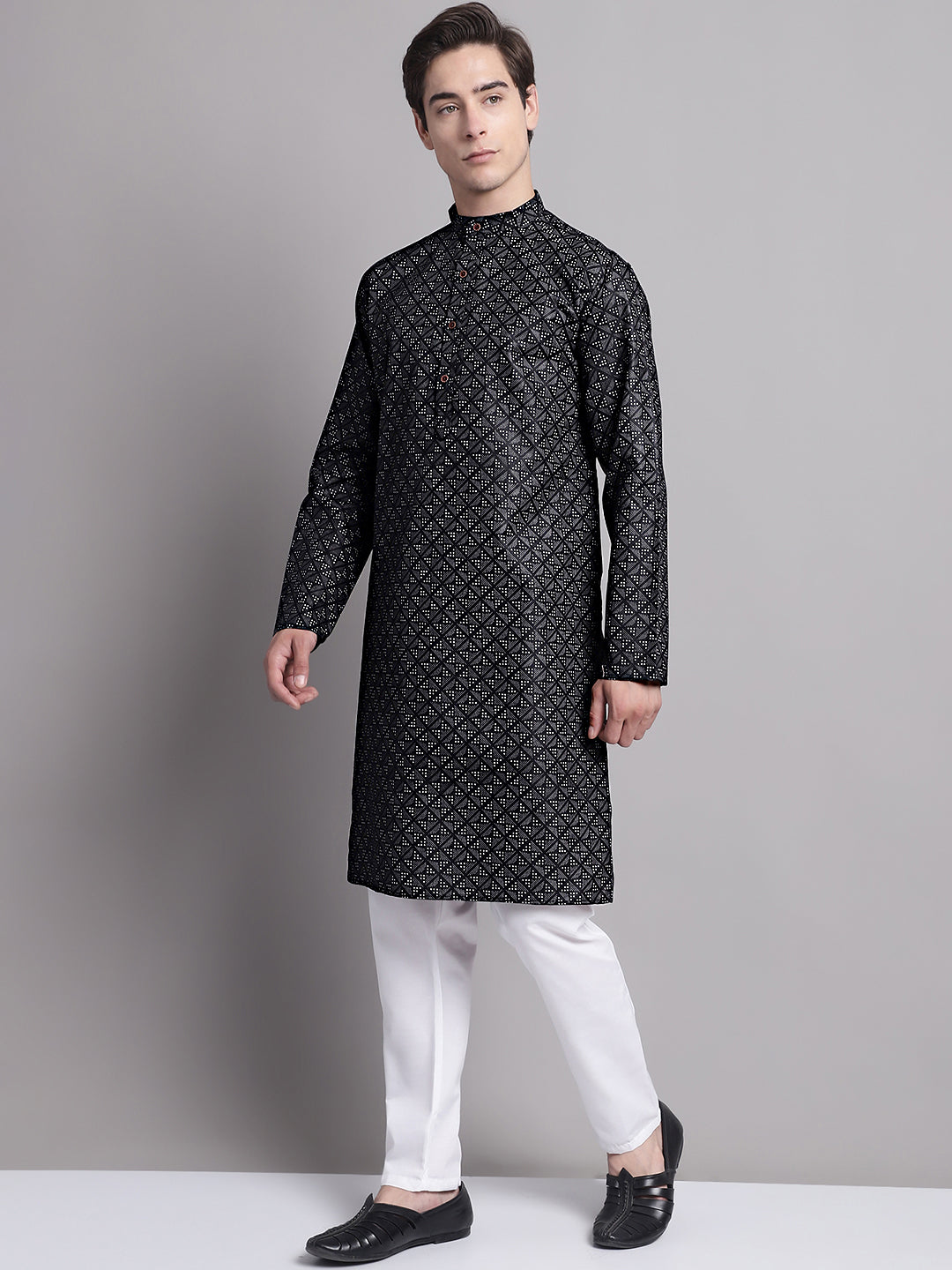 Men's Black Printed Pure Cotton Kurta Payjama Set
