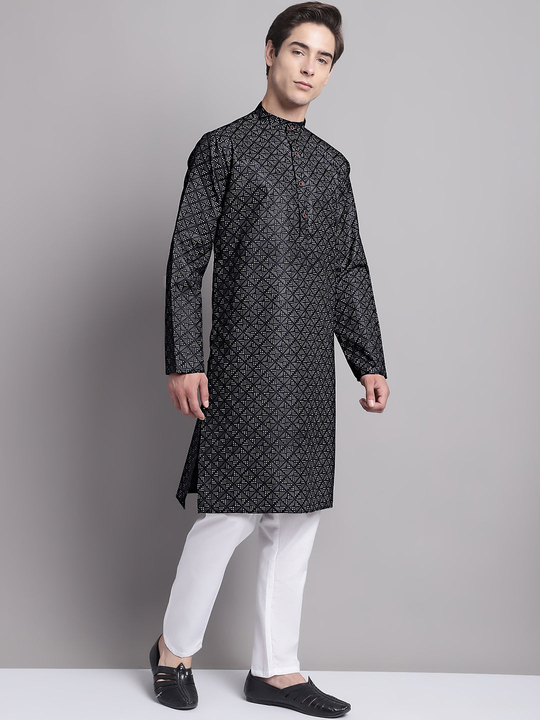 Men's Black Printed Pure Cotton Kurta Payjama Set