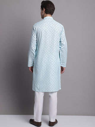 Men's Sky Blue Printed Pure Cotton Kurta Payjama Set