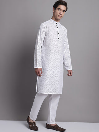 Men's White Printed Pure Cotton Kurta Payjama Set