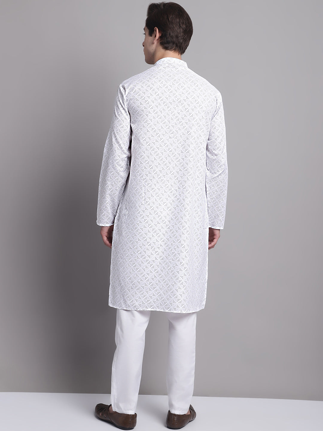 Men's White Printed Pure Cotton Kurta Payjama Set
