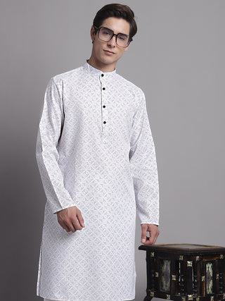 Men's White Printed Pure Cotton Kurta Payjama Set