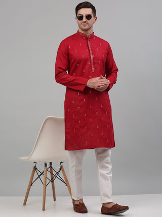 Men's Maroon Embroidered Straight Kurta Pyjama Set