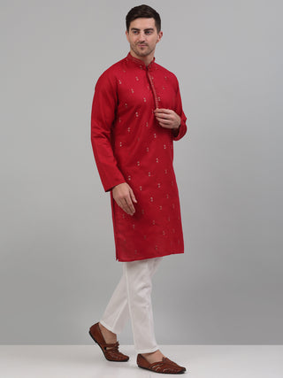 Men's Maroon Embroidered Straight Kurta Pyjama Set