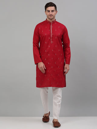 Men's Maroon Embroidered Straight Kurta Pyjama Set