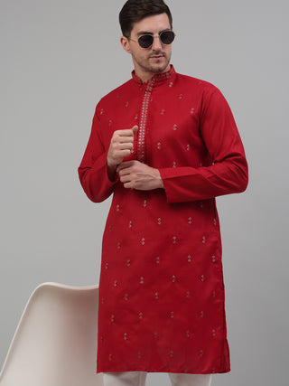 Men's Maroon Embroidered Straight Kurta Pyjama Set