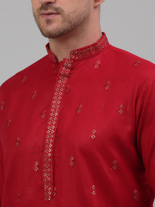 Men's Maroon Embroidered Straight Kurta Pyjama Set