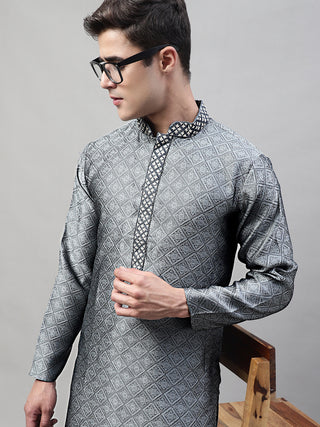 Men's Grey Collar Embroidered Silk Jacquard  Kurta Pyjama