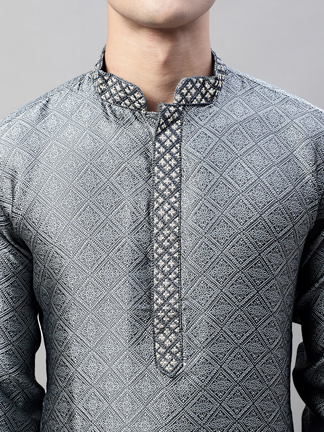 Men's Grey Collar Embroidered Silk Jacquard  Kurta Pyjama