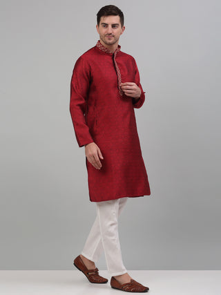 Men's Maroon Collar Embroidered Kurta Pyjama