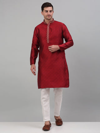 Men's Maroon Collar Embroidered Kurta Pyjama