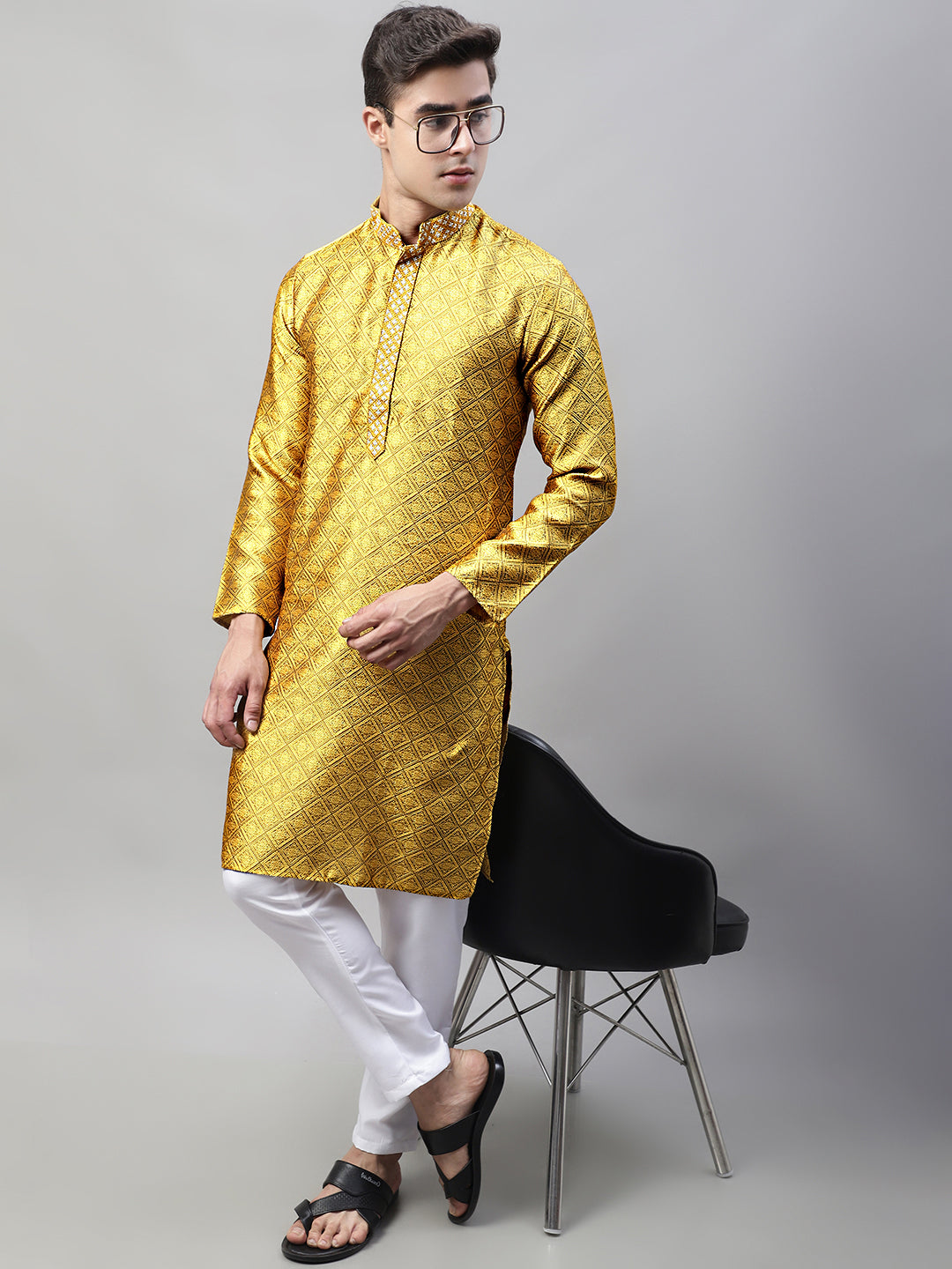 Men's Mustard Collar Embroidered Silk Jacquard  Kurta Pyjama