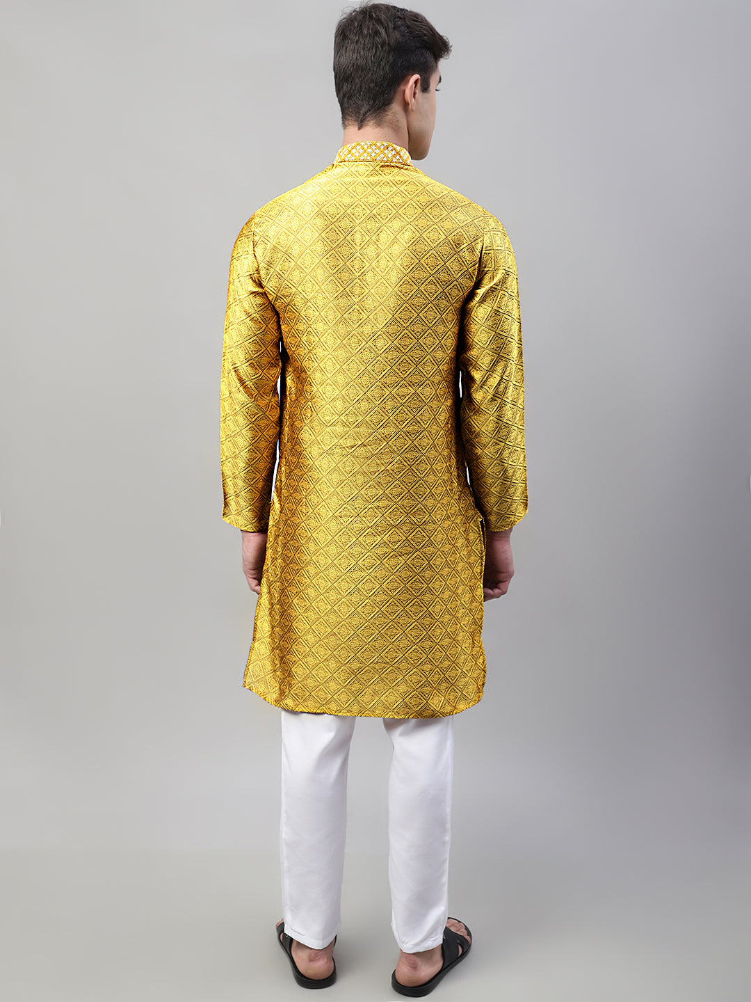 Men's Mustard Collar Embroidered Silk Jacquard  Kurta Pyjama
