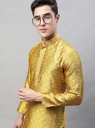 Men's Mustard Collar Embroidered Silk Jacquard  Kurta Pyjama