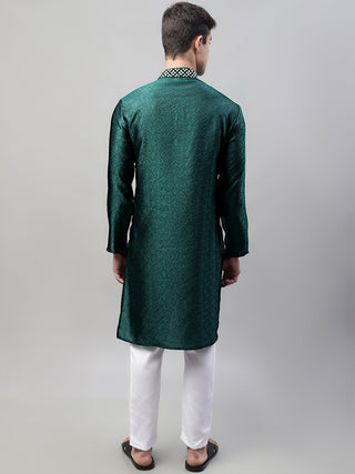 Men's Olive Green Collar Embroidered Silk Jacquard  Kurta Pyjama